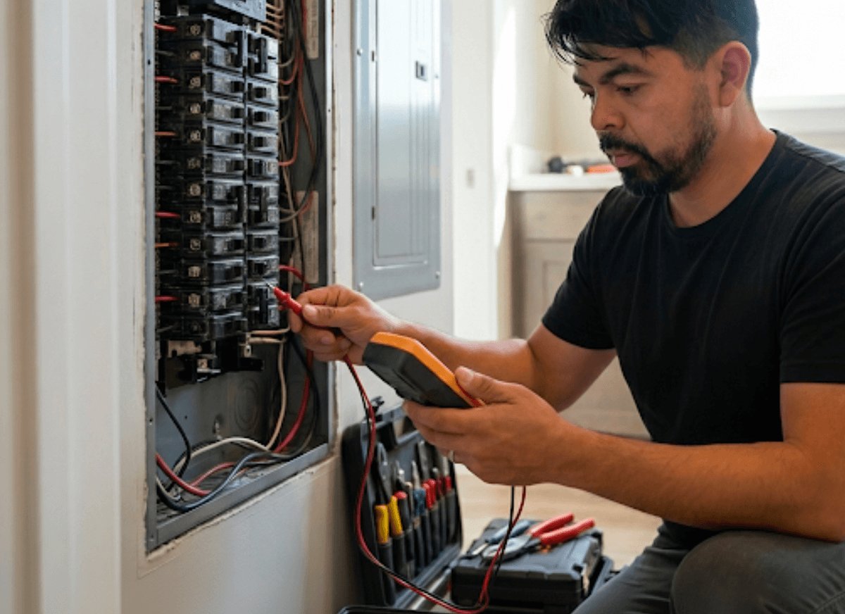 Adely testing an electrical panel with a multimeter