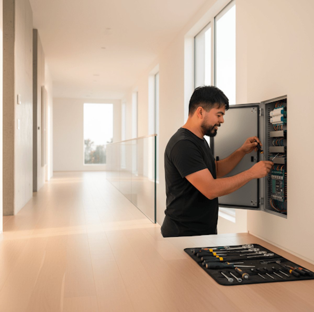 Adely working on an electrical panel in a NOVA home