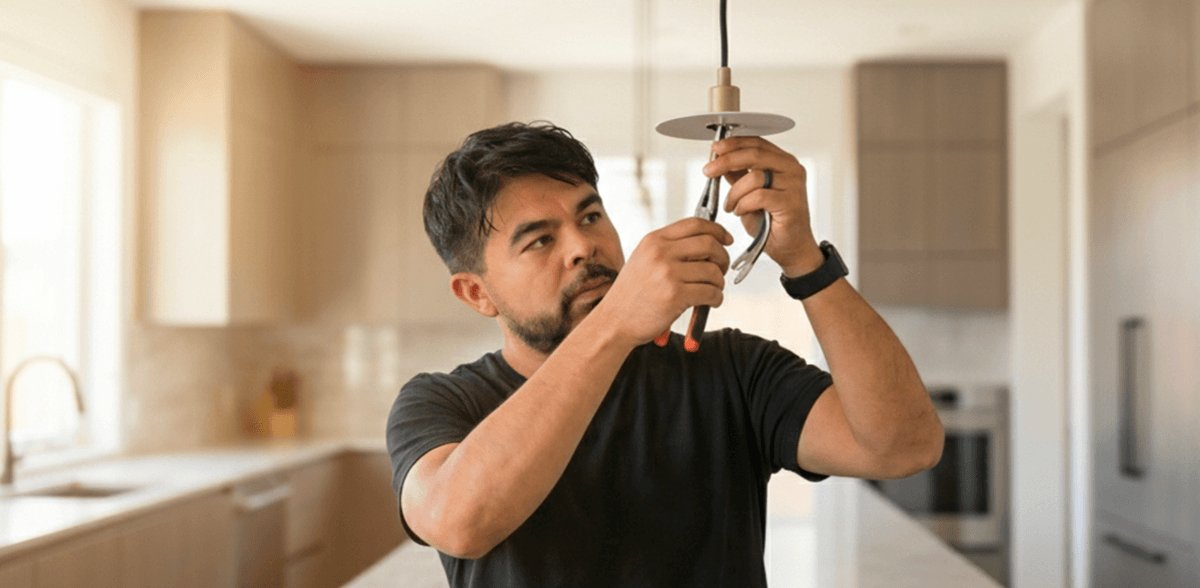 Adely installing pendant lighting in a residential kitchen